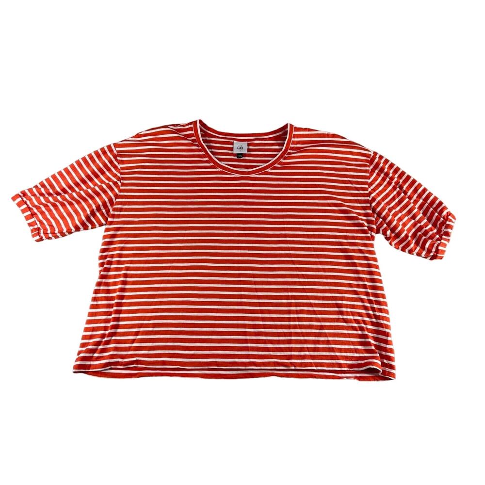 Cabi Shirt Womens Small Plus Orange Striped Short Sleeve Round Neck Comfy